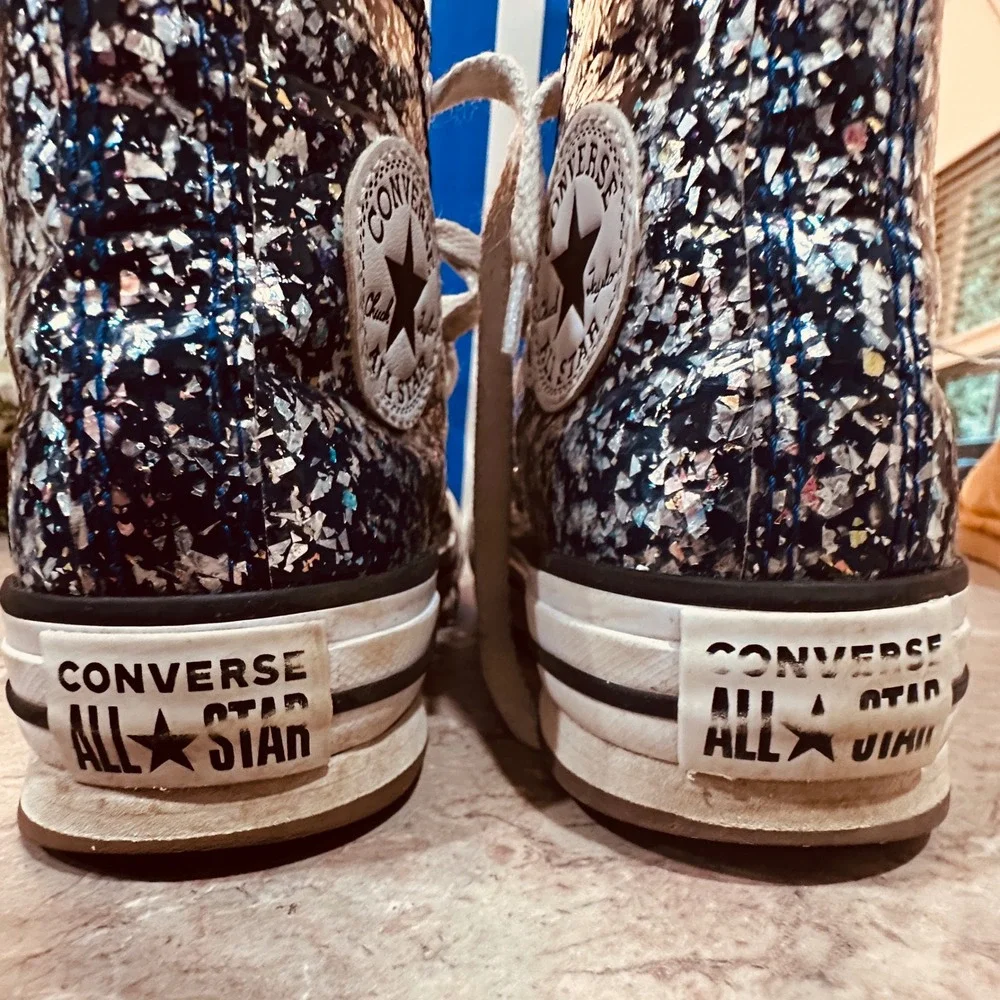 Converse Chuck Taylor All Star Hi Top Blue Silver Glitter Confetti Kids Size 13